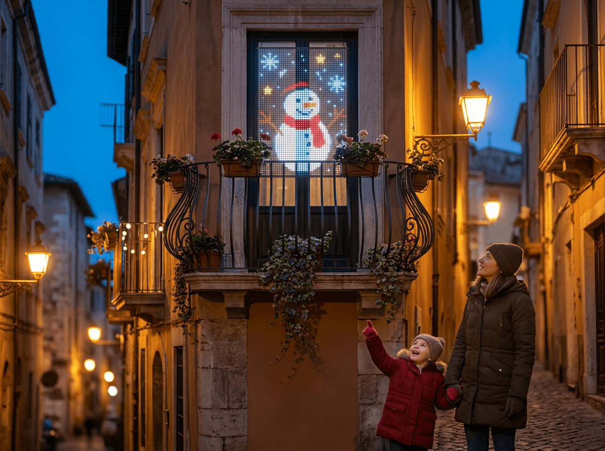 Tenda LED con pupazzo di neve animato su un balcone