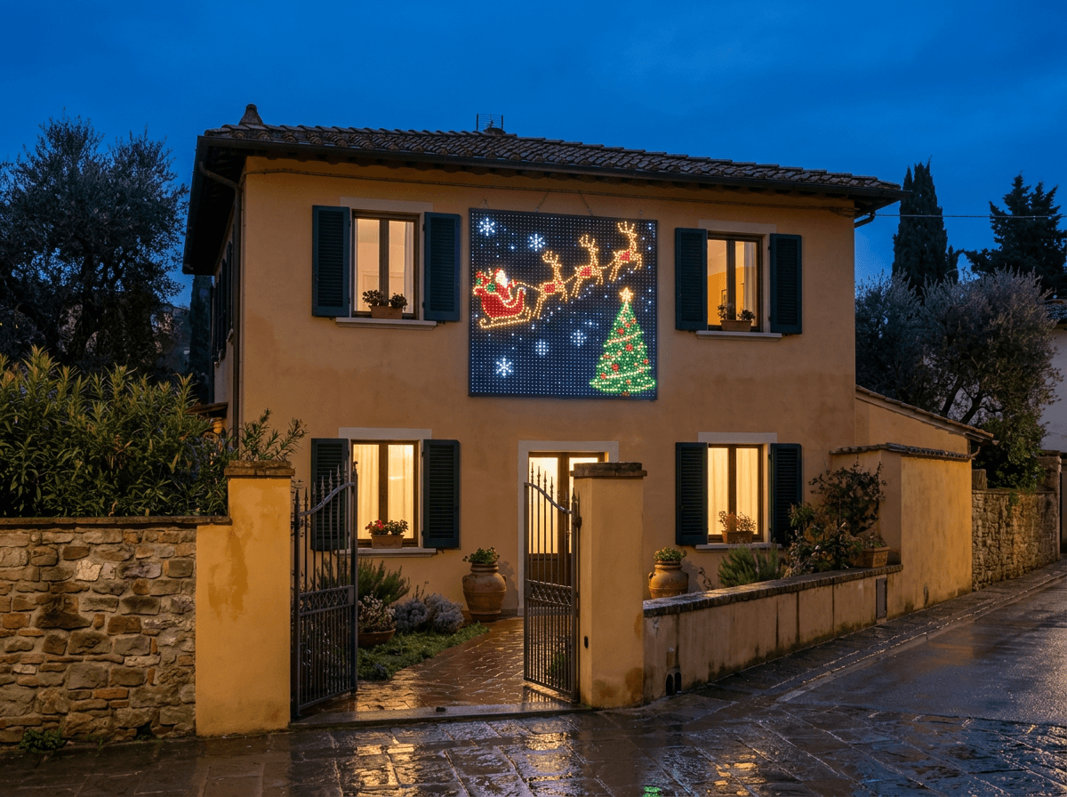 Facciata di casa illuminata dalla tenda LED LumiScena™ con Babbo Natale e le renne