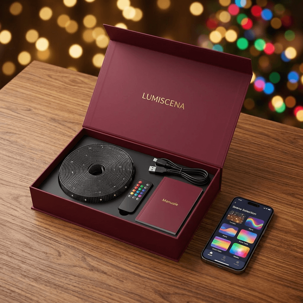 Confezione LumiScena™ con tenda LED, telecomando e manuale